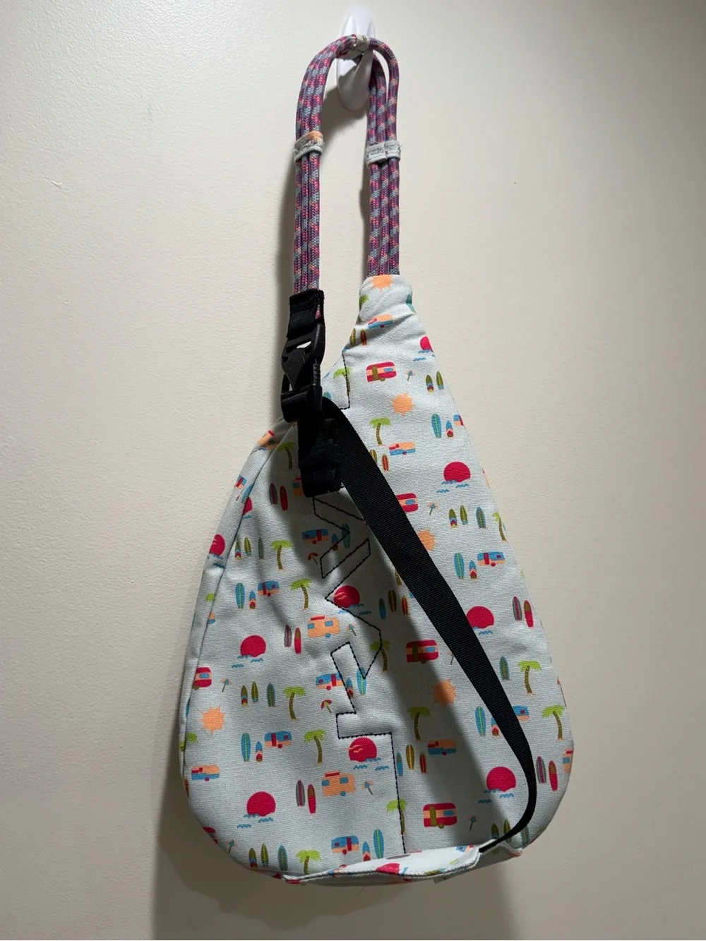 Kavu Sling Bag in Light Gray with Pink and Teal Camper Print